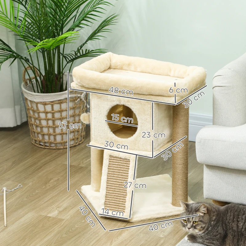 PawHut Krabpaal met Jute-Krabmat, Ligplatform, Speelbal, Kattenhuis, Beige, 40 x 40 x 57 cm