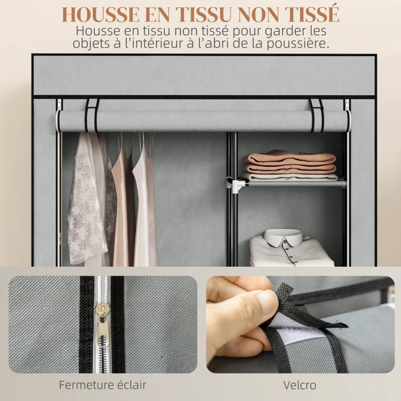 HOMCOM Armoire penderie multi-rangement - 6 étagères, 1 barre - non tissé gris clair