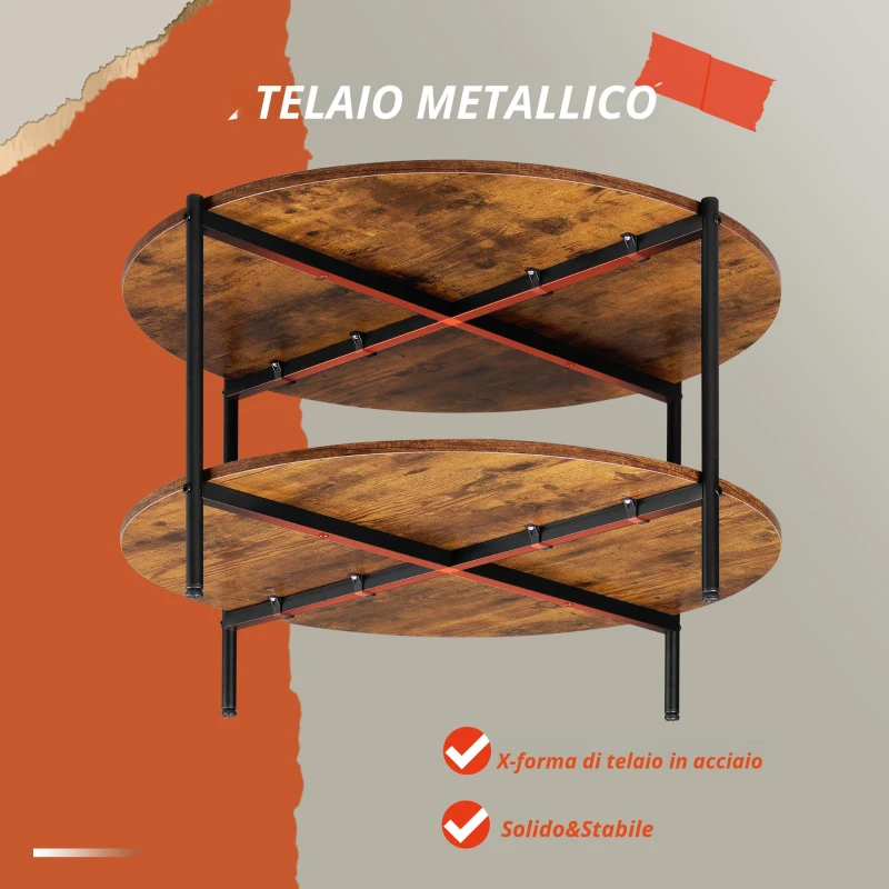 Tavolino rotondo a due livelli, ampio spazio contenitivo, gambe regolabili, 83x83x44,5 cm, Marrone