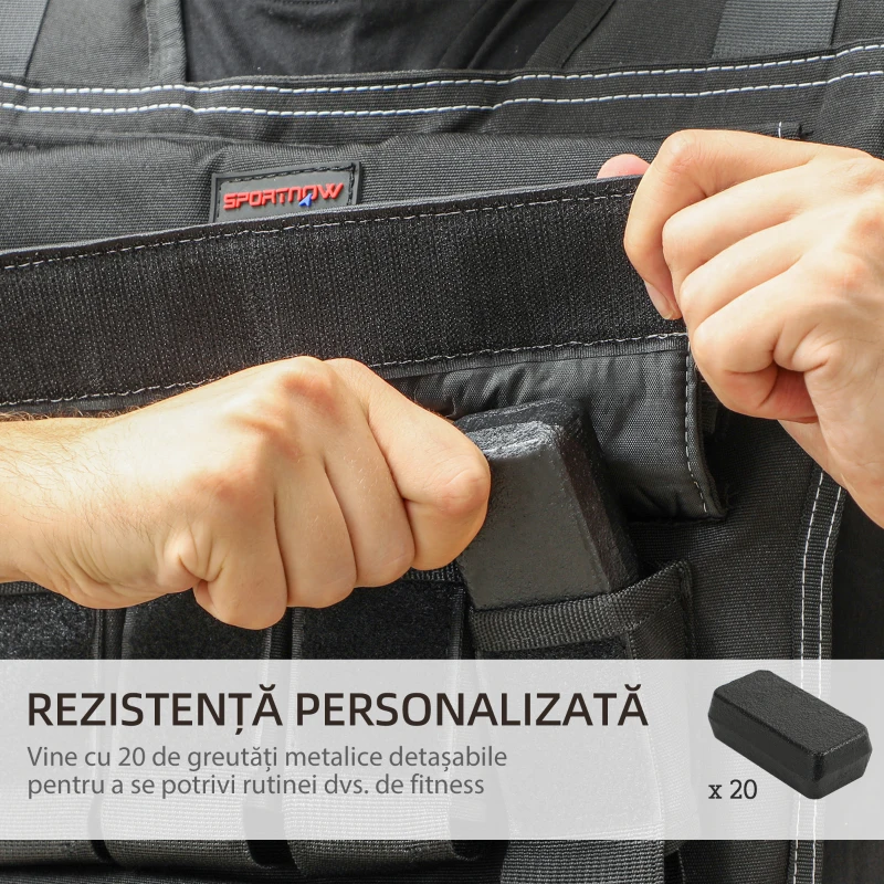 SPORTNOW Vestă cu Greutăți Reglabilă 20 kg cu 20 de Greutăți, Vestă cu Benzi Reflectorizante, 50x40 cm, Neagră