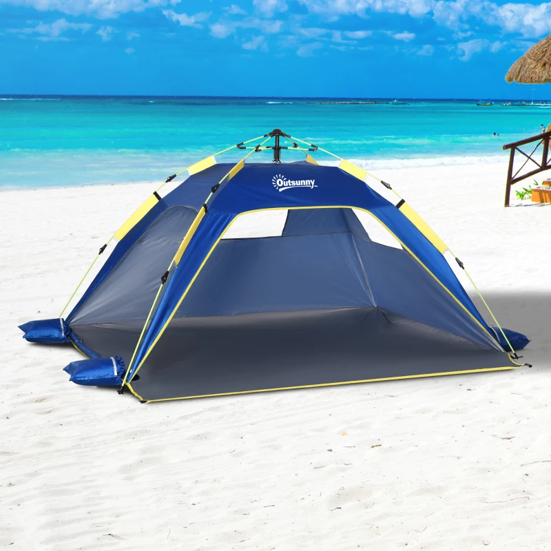 Outsunny Tenda da Spiaggia Pop Up per 2 Persone con Finestre, in Fibra di Vetro e Poliestere, 220x173x120 cm, Blu Giallo