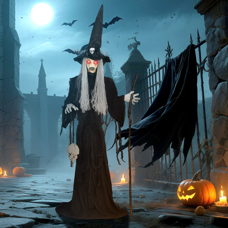 Outsunny 170 cm Halloween Decoratie Halloween Heks met LED-lichten, Geluidsfunctie verstelbare Armen, Hoofd