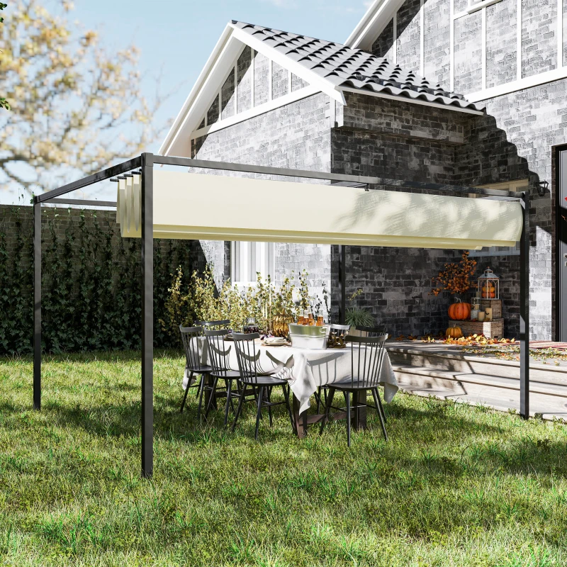 Outsunny 4 x 3(m) Metal Pergola with Retractable Roof, Garden Gazebo Canopy Shelter for Outdoor, Patio, Cream White