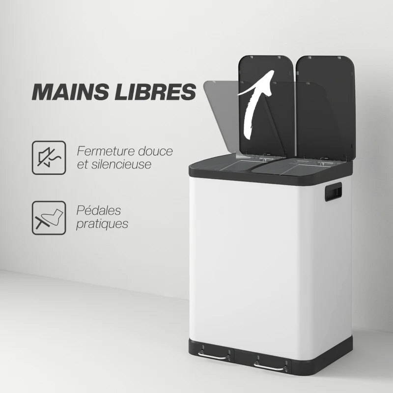 HOMCOM Poubelle de cuisine 2 x 30L avec pédale en métal, 2 compartiments, couvercle à fermeture douce, 60L, blanc
