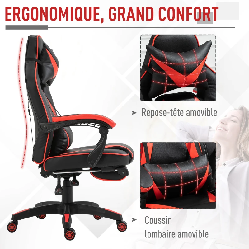 HOMCOM Chaise gaming Fauteuil Gamer Fauteuil de Bureau ergonomique avec support lombaire et Repose-Pieds revêtement synthétique Noir Rouge