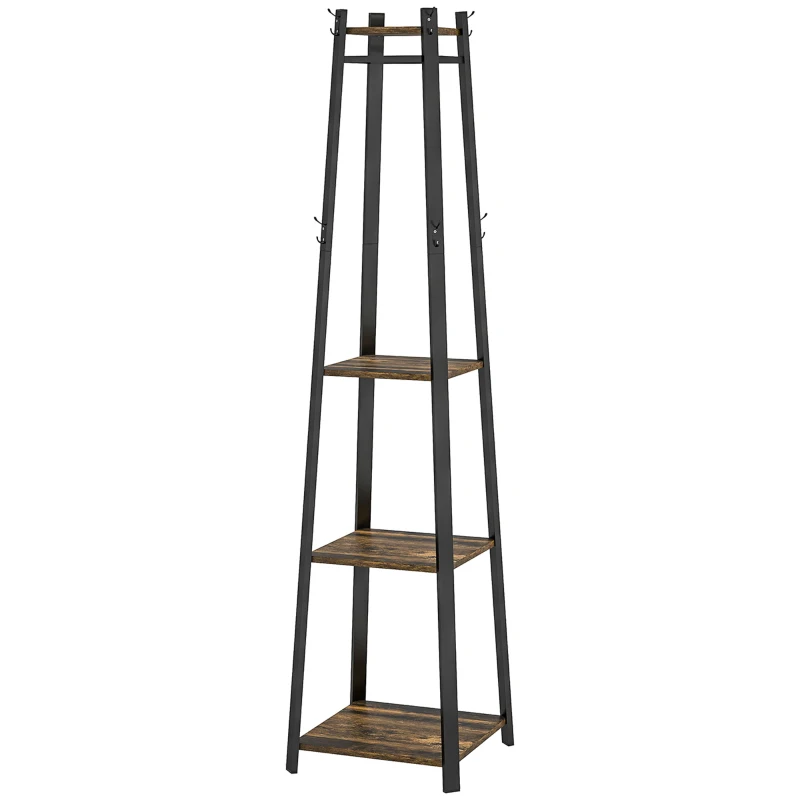 HOMCOM Appendiabiti da Terra con 8 Ganci, 3 Ripiani e Mensola Superiore, 42x42x170 cm, Marrone