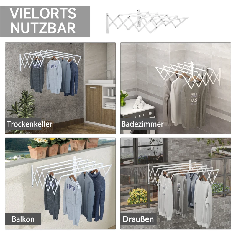 HOMCOM Uitschuifbare Wanddroger, Wandmontage Wasmolen, Opvouwbare Space-Saver voor Kleine Huishoudens, Binnen en Buiten, Metaal, Wit, 63,5 x 60 x 20 cm