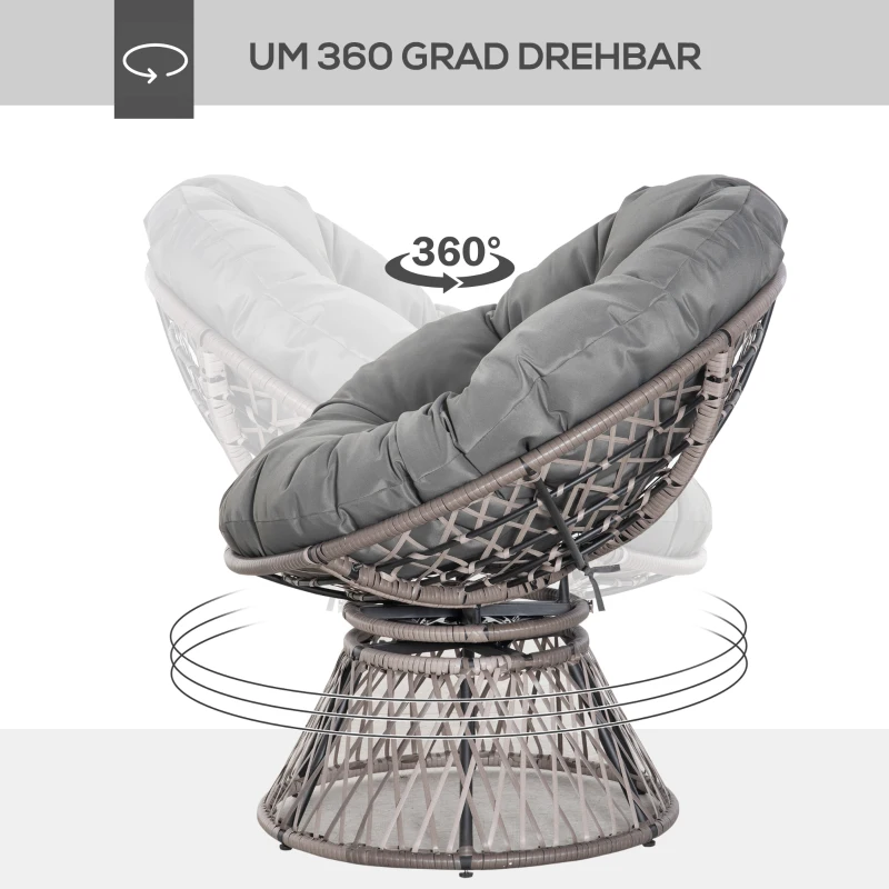 Outsunny Papasan fauteuil met bekleding rieten fauteuil 360 graden rotan grijs
