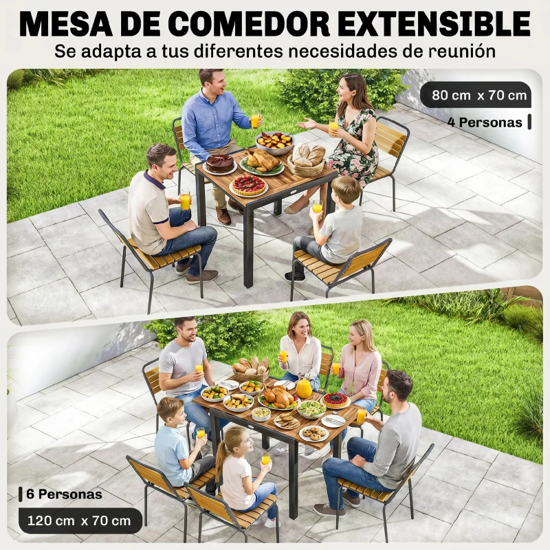 Outsunny Mesa de Jardín Extensible 120/80x70 cm Estructura de Acero y Tablero de Madera de Acacia para 4-6 Personas Natural