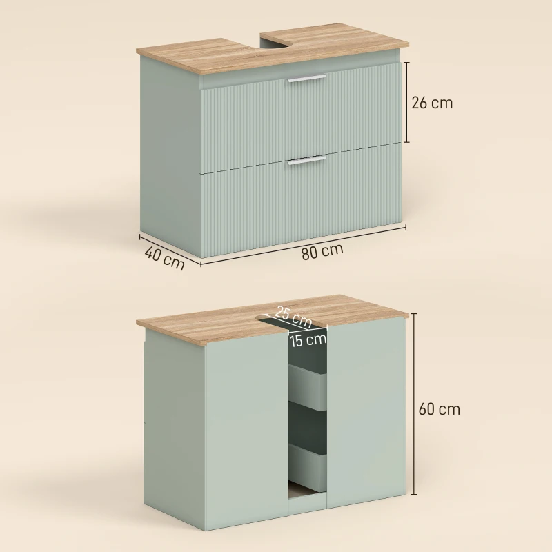 HOMCOM Mueble Bajo Lavabo con 2 Cajones con Frentes Ondulados para Lavabos con o sin Pedestal 80x40x60 cm Verde y Natural