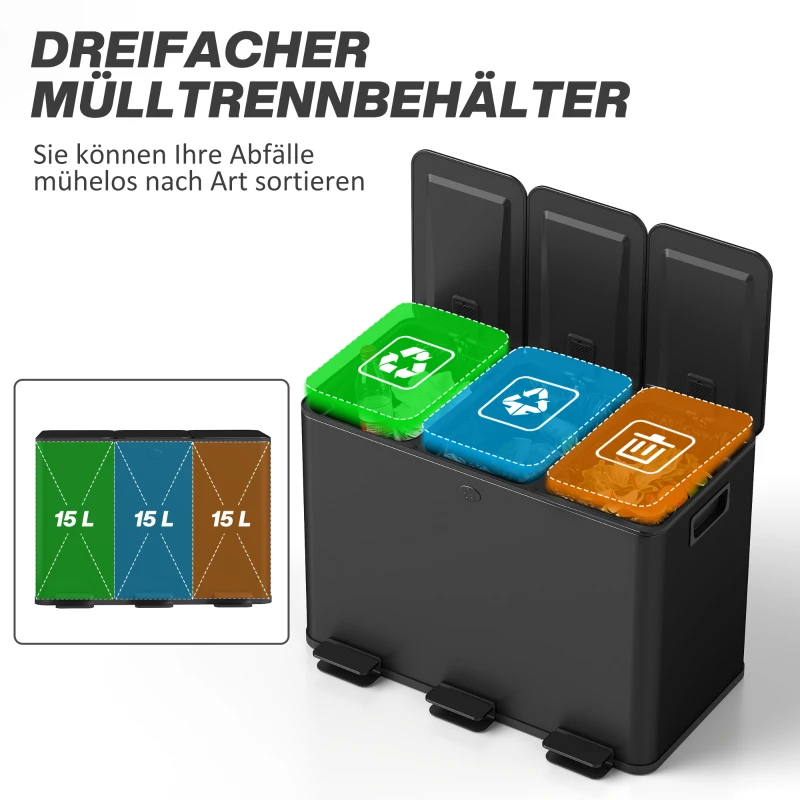 HOMCOM Afvalemmer met 3 x 15 L compartimenten, deodorantdeksels, vingerafdrukbestendig, soft-close, verwijderbaar, Zwart(m-4)