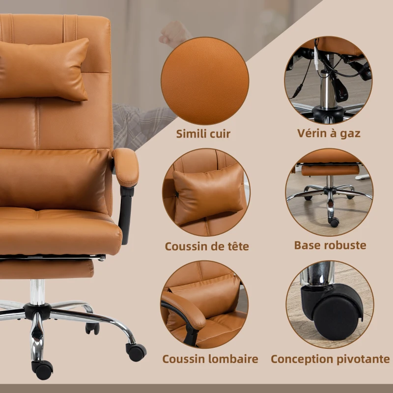 Vinsetto Fauteuil de bureau massant chauffant avec repose-pieds têtière sur roulettes revêtement synthétique marron