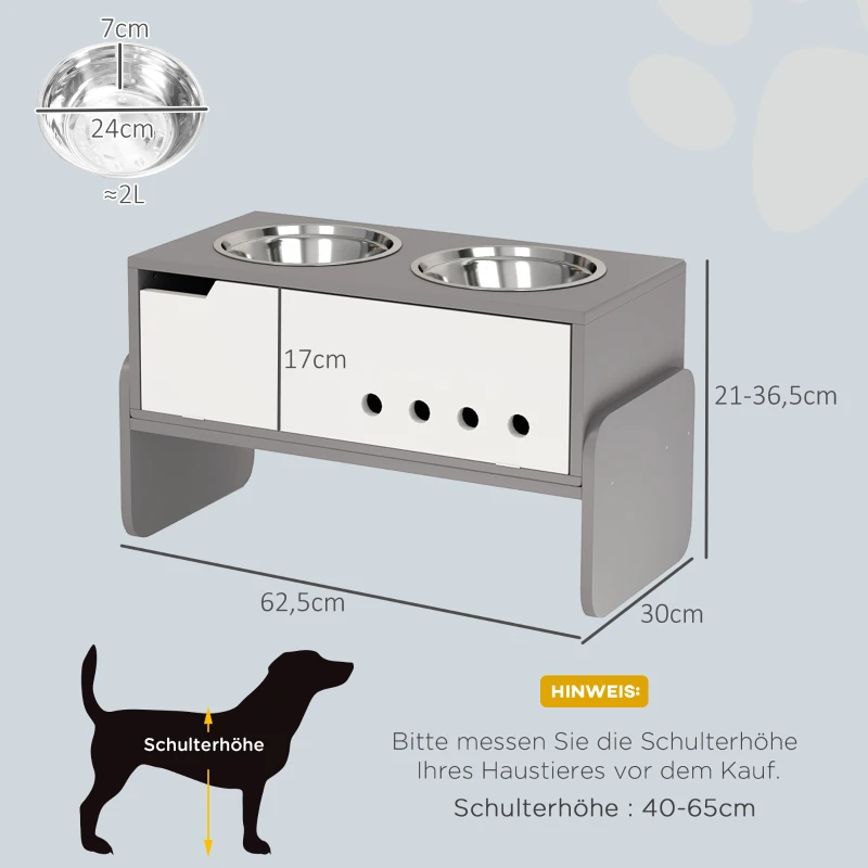 PawHut Verhoogd voerstation voor honden, met opbergruimte en anti-schrokmat, 2 x 2000 ml roestvrijstalen kom, grijs