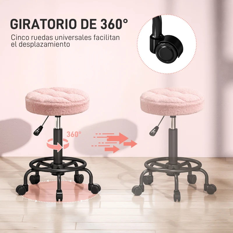 HOMCOM Taburete Giratorio Redondo Taburete con Ruedas Altura Regulable 50-66 cm Asiento Tapizado en Tejido de Borreguito Rosa