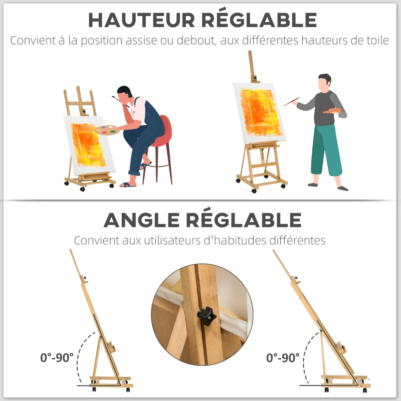 Vinsetto Chevalet d'artiste sur roulettes pliable en bois de hêtre pour toiles à peindre jusqu'à 118 cm bois naturel