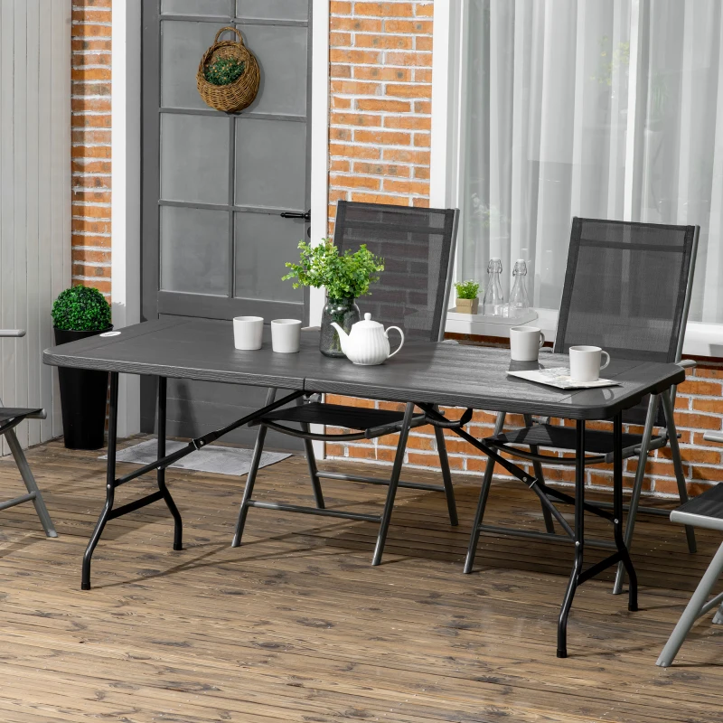 Outsunny buitentafel, tuintafel, voor 6 personen, opvouwbaar, houtlook, donkergrijs, 180 x 75,5 x 73 cm