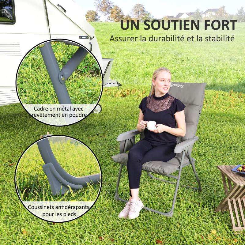 Outsunny Chaise pliante camping avec siège rembourré, dossier haut réglable et poches latérales, gris
