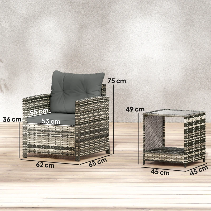 Outsunny Salon de Jardin Extérieur 3 Pièces en Résine Tressée Table et 2 Fauteuils avec Coussins, 62x65x75cm, Gris Clair
