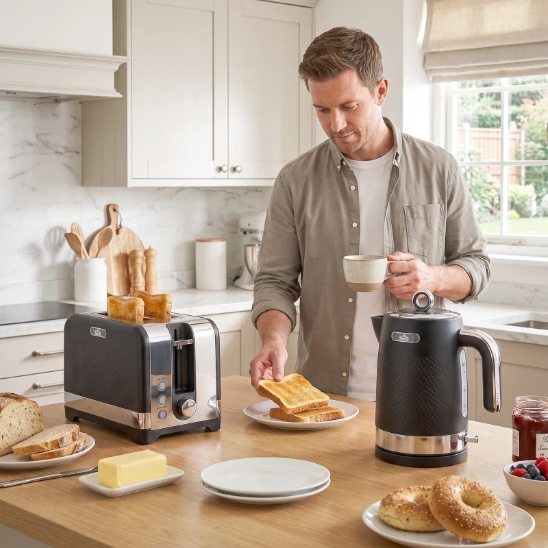 HOMCOM waterkoker- en broodroosterset, 1,7 l 2200 W snelkokende waterkoker met thermostaat, 2-sleufs broodrooster, grijs