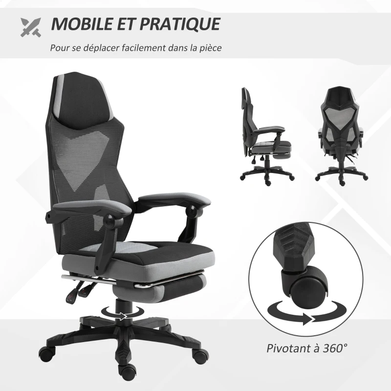 Vinsetto Chaise de bureau fauteuil gaming hauteur réglable dossier roulettes pivotantes repose-pied tissu en maille 58L x 63l x 112-122H cm gris noir