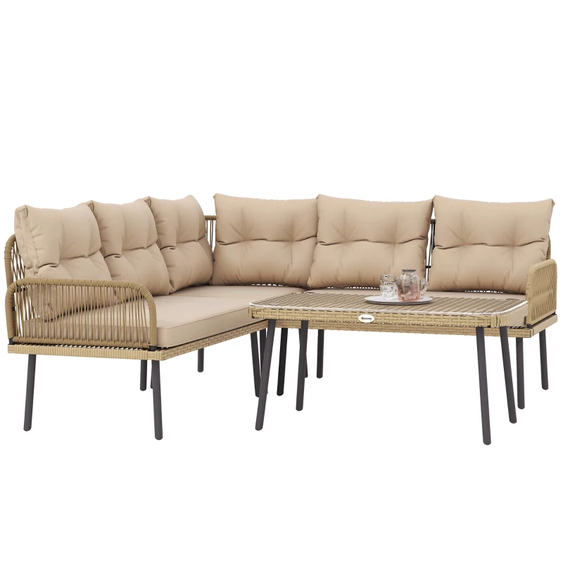 Outsunny Mobilier de grădină din ratan cu 2 canapele, fotoliu colțar cu perne și măsuță din sticlă, culoare lemn(m-11)