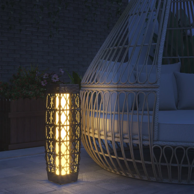 Outsunny Rieten Buitenlamp, Zonne Tuinlamp, Automatische Aan/Uit, LED, Weerbestendig, Metalen Frame, 20 x 20 x 68cm, Grijs