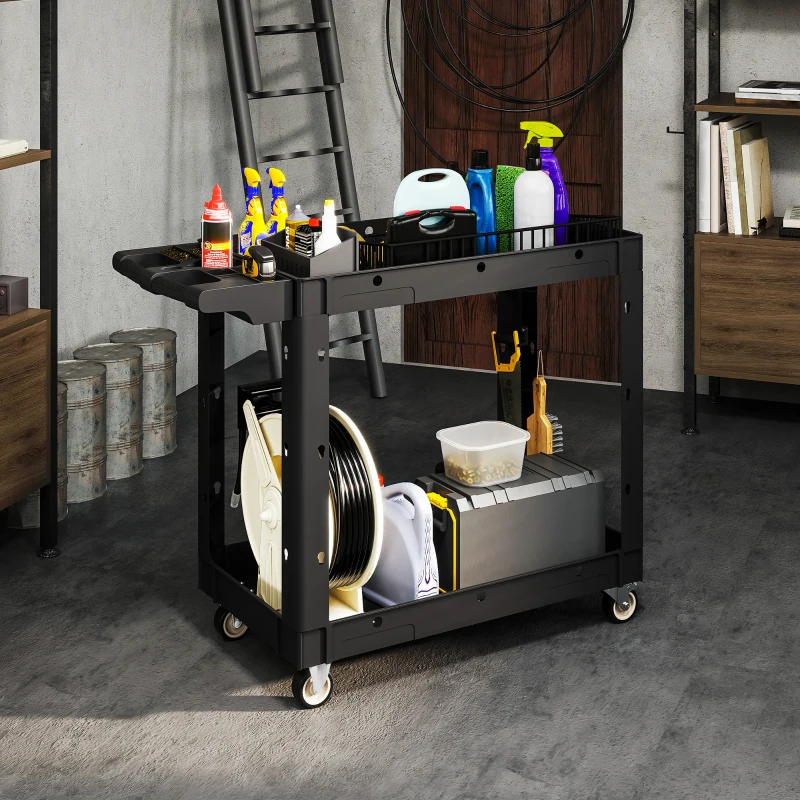 HOMCOM Gereedschapswagen, 2-Laagse Schappen, Handgreep, Wielen, Kunststof, Zwart