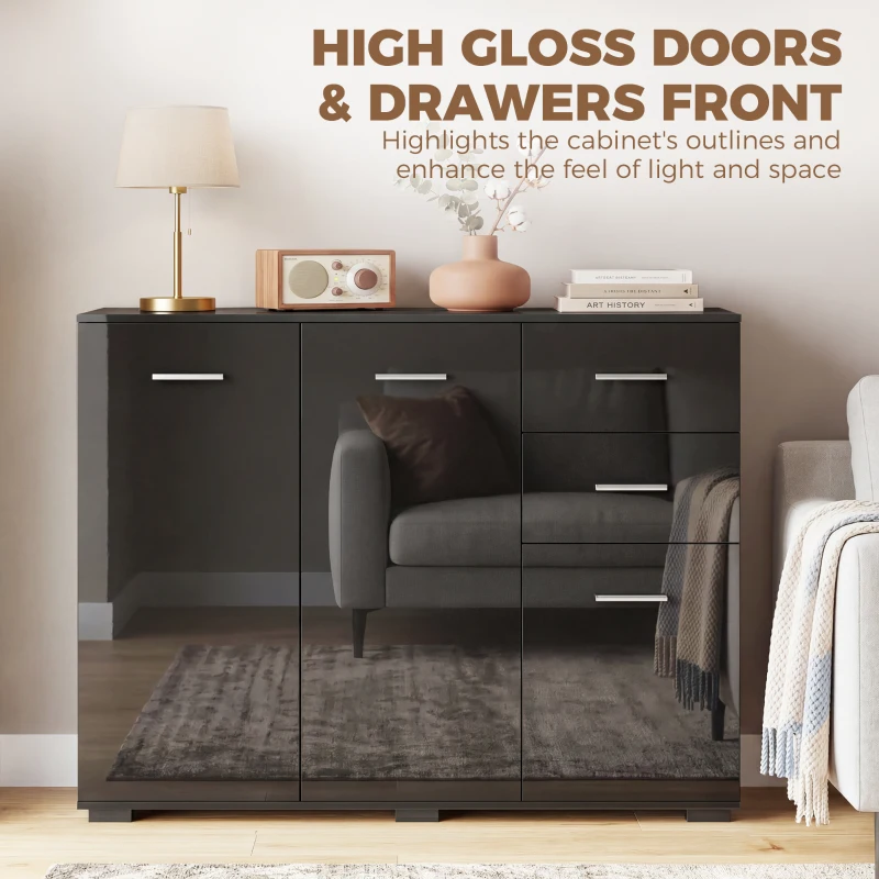 HOMCOM Sideboard, Modern Storage Cabinet with 2 Drawers, 3 Doors and Adjustable Shelves, High Gloss Black