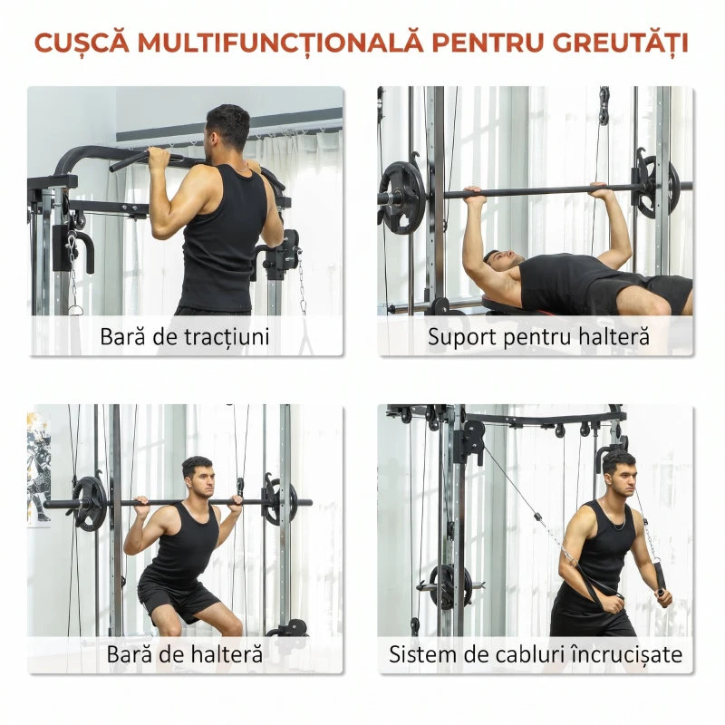 SPORTNOW Stație multifuncțională fitness 3 în 1 cu sistem reglabil de cabluri încrucișate, suport reglabil pentru genuflexiuni, bară pentru halteră, bară de tracțiuni