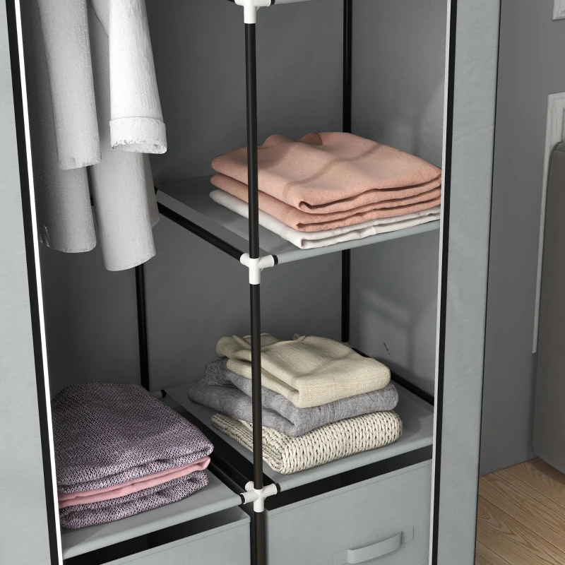 HOMCOM Kledingkast Stoffen Kast 1 Kledingstang, 2 Laden, 83 x 42,5 x 162,5 cm, Grijs
