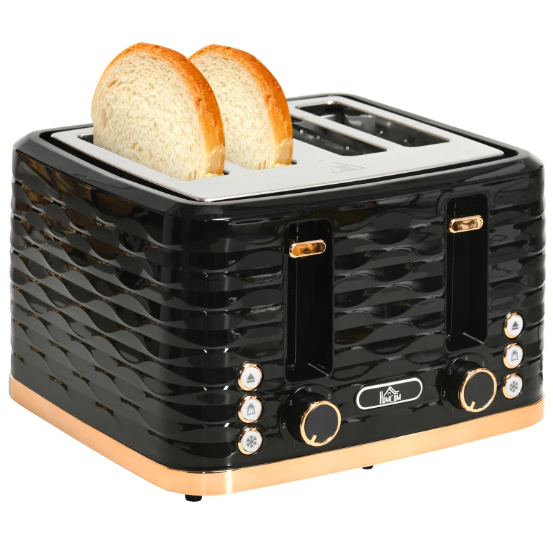 HOMCOM 4-Sleuven-Toaster, golfdesign, meerdere functies, kruimellade, Zwart