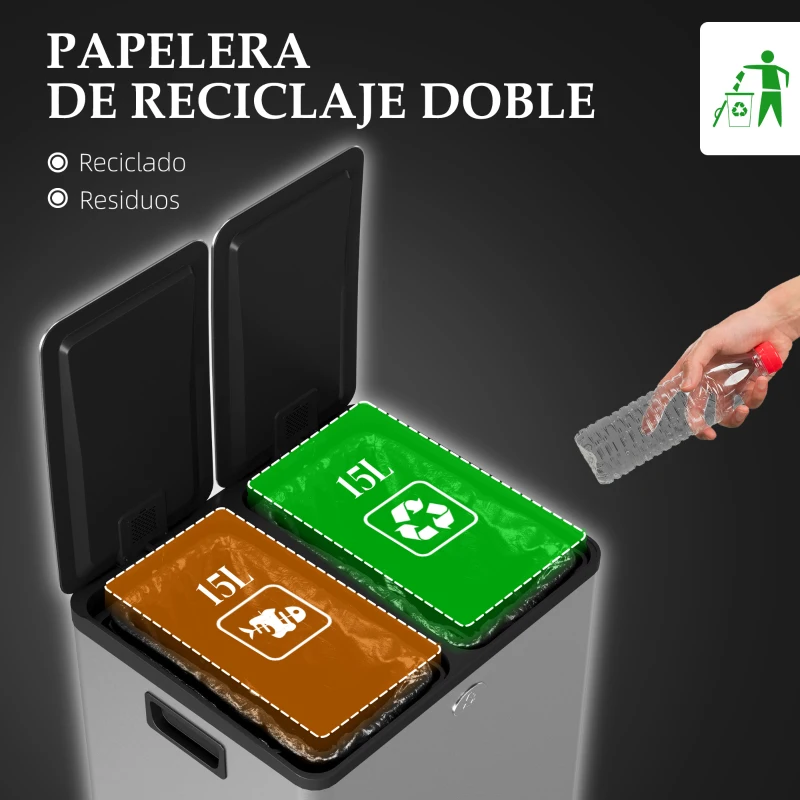 HOMCOM Papelera Cocina de Acero Inoxidable con 2 Compartimentos 2x15L Pedal Tapas de Cierre Suave y Cubo Extraíble Plata