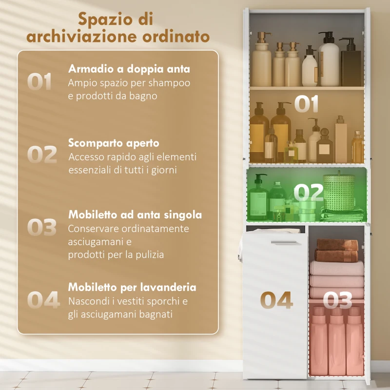 HOMCOM Mobile da Bagno a 2 Ante con Cesto Portabiancheria a Ribalta e Ripiano Aperto, 60x30x174 cm, in Legno, Bianco