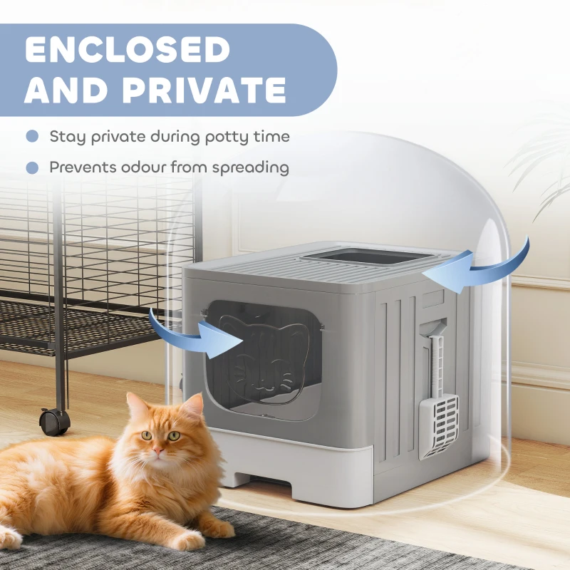 PawHut Cat Litter Box with Lid, Slide-Out Drawer, Scoop, Easy Clean, Odour Control, Anti-Splashing, Grey