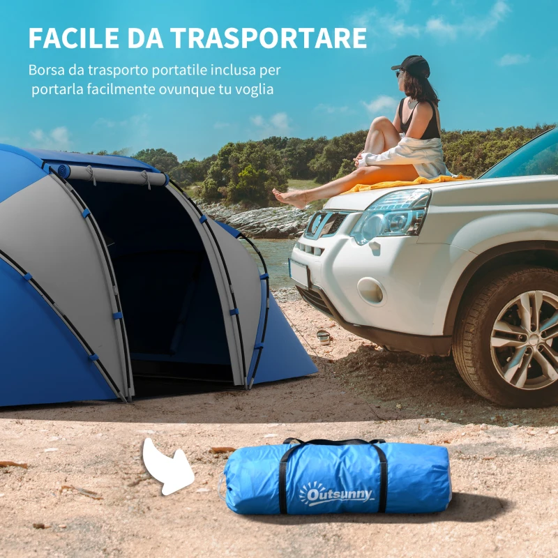 Outsunny Tenda da Campeggio 4 Posti con 2 Zone Notte e Borsa da Trasporto, 430x240x170 cm, Bianco e Azzurro