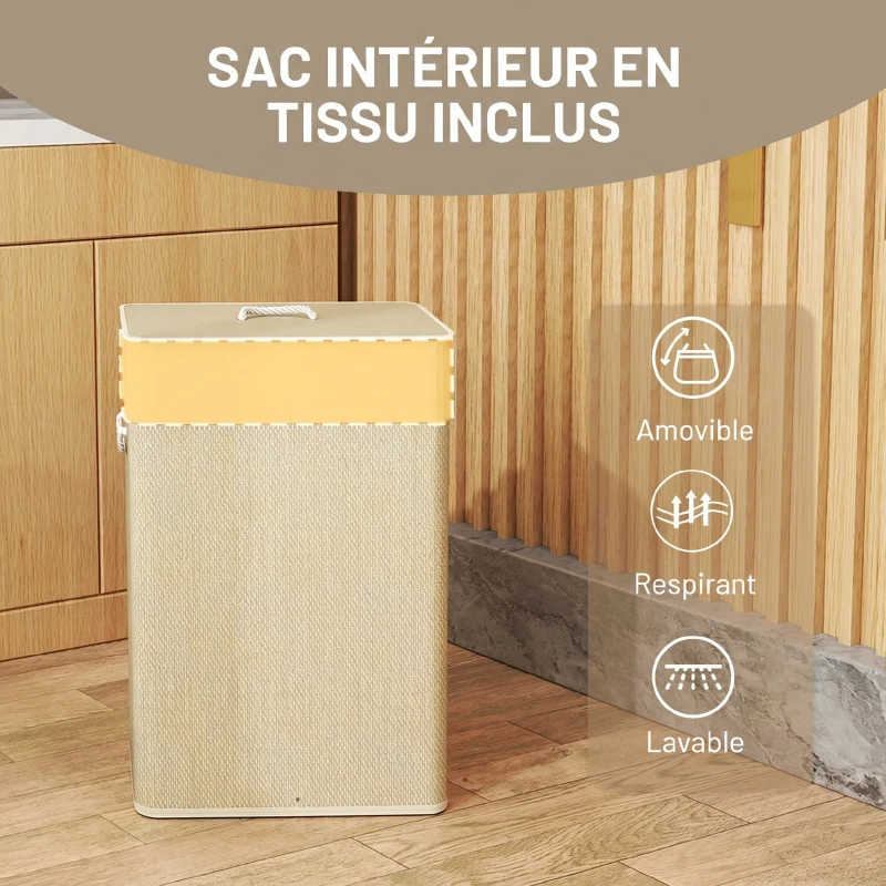 HOMCOM Panier à linge 72 L, corbeille à linge sale en bambou avec couvercle, poignées en corde, doublure amovible, crème