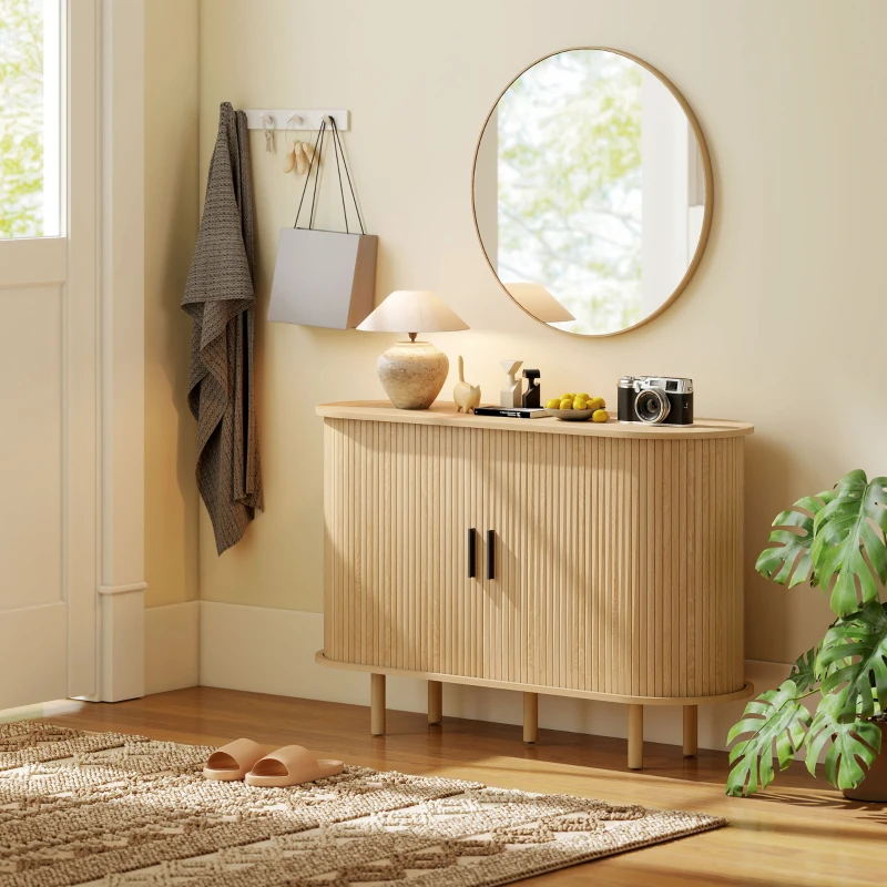 HOMCOM Aparador con Puertas Tambour Deslizantes 4 Compartimentos y Patas de Madera 120x40x78 cm Roble