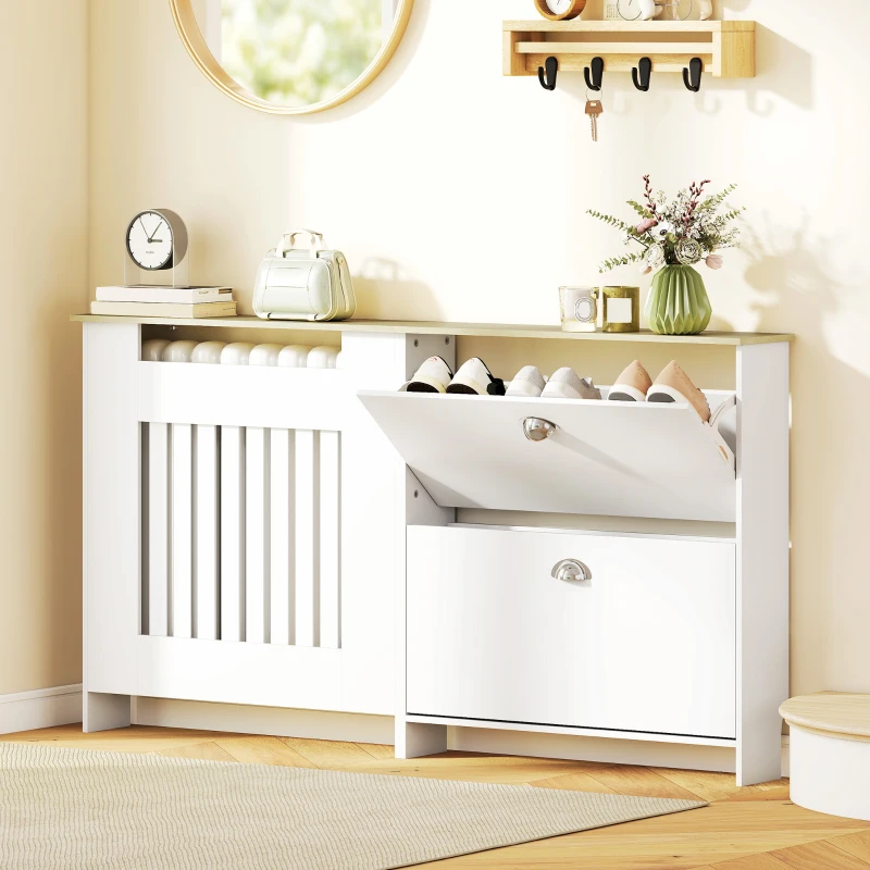 HOMCOM Cubre Radiadores con Zapatero Cubierta para Radiador con 2 Cajones Abatibles 152x19x81 cm Blanco