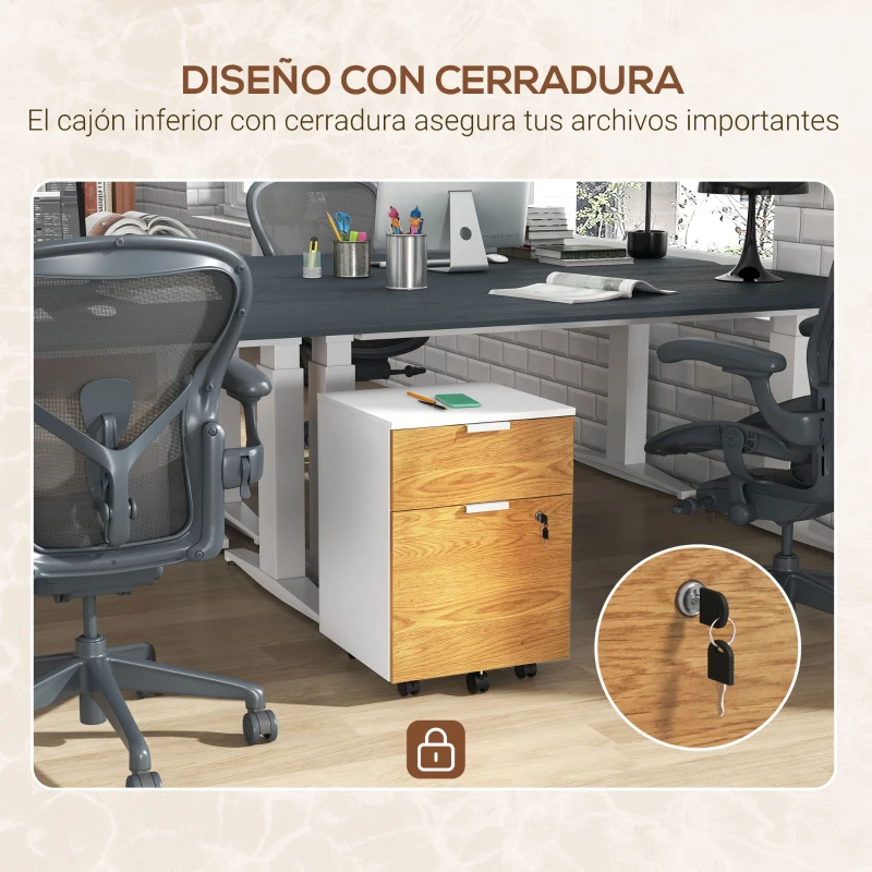 HOMCOM Mueble Archivador con Ruedas 2 Cajones Barra Colgante para Carpetas A4 y Carta Cerradura 42x40x60 cm Blanco y Natural