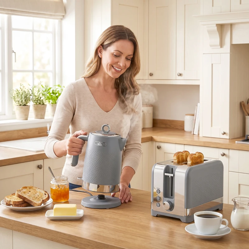 HOMCOM waterkoker- en broodroosterset, 1,7 l, 2200 W snelkook-waterkoker met thermostaat, 2-sneetjes broodrooster, grijs