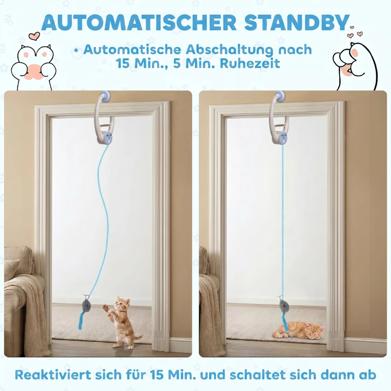 PawHut Interactief Kattenspeelgoed USB-Oplaadbaar Deurhangend Stuiterende Muis voor Katten, 24,1 x 13,8 x 6,6 cm Wit