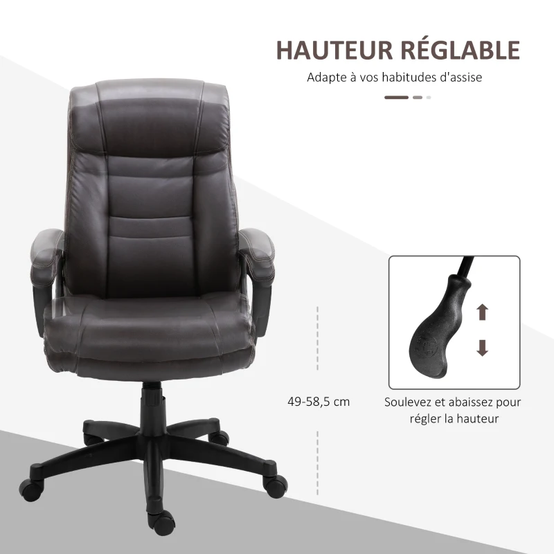 HOMCOM Fauteuil de bureau chaise de bureau ergonomique réglable roulettes pivotant 360° revêtement synthétique PU 64 x 73 x 106-115,5 cm chocolat