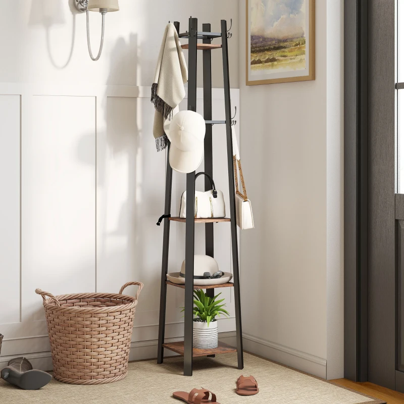 HOMCOM Industrial-Style Four Shelf Coat Stand - Brown/Black