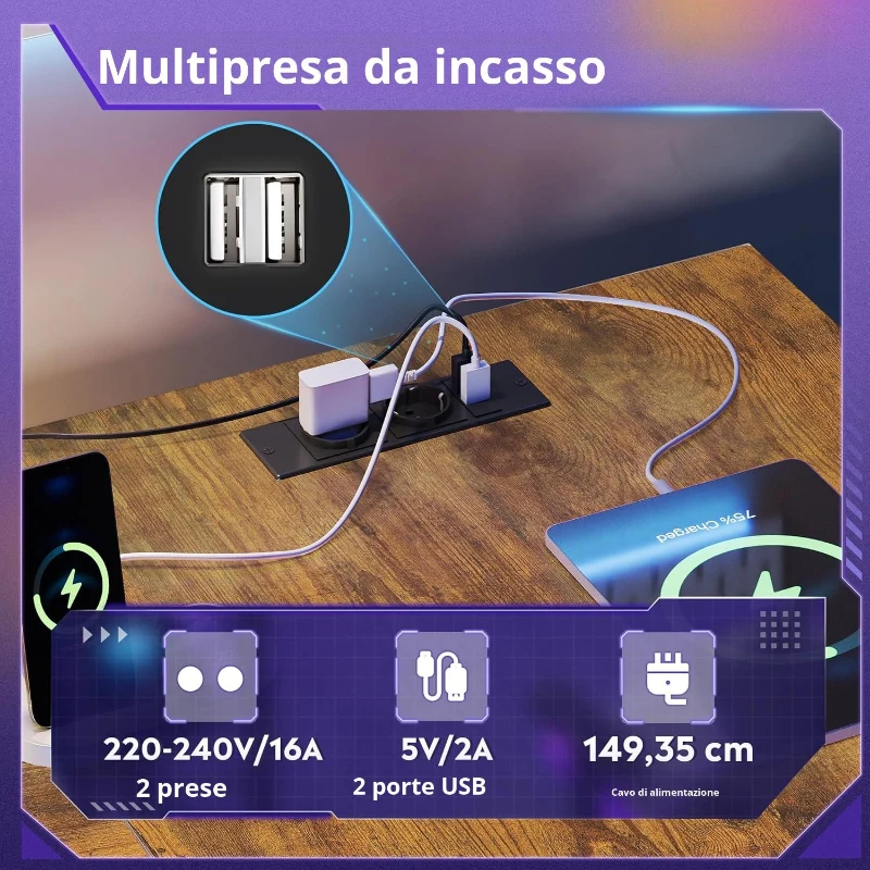 Scrivania angolare da gaming 2-in-1, piano di alta qualità, montabile in modo flessibile come forma a L o a I, 152x50x87,5 cm, Marrone