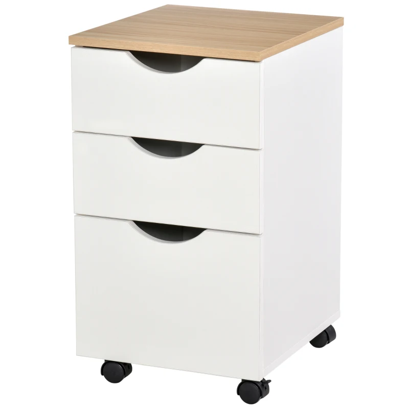 HOMCOM Rolcontainer archiefkast kantoorkast met 3 schuiflades 4 wielen MDF wit + naturel