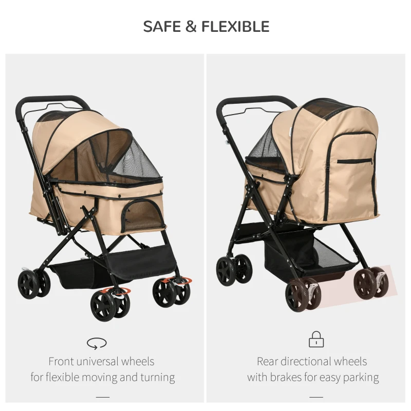 PawHut Hondenbuggy Opvouwbaar, 1 Mand, 2 Remmen, inclusief Veiligheidslijn, Lichtbruin