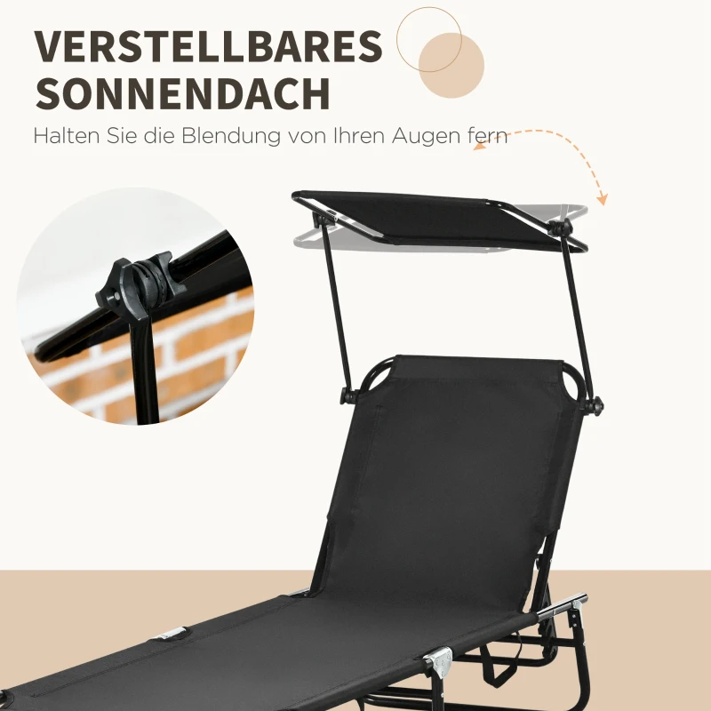 Outsunny Set van 2 inklapbare ligbedden met zonnedak, 5-standen verstelbare rugleuning Zwart