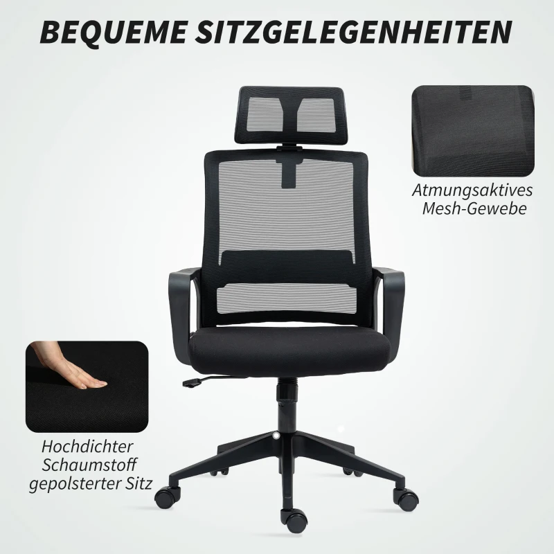 HOMCOM Bureaustoel, Verstelbare Schrijfbureaustoel met Hoofdsteun, Draaistoel voor Thuiswerk, Kantoor, Zwart