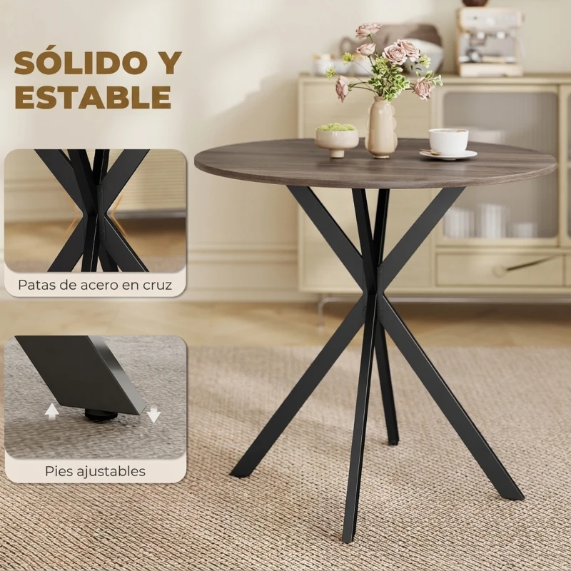 HOMCOM Mesa Redonda de Comedor para 2 Personas con Patas de Acero Cruzadas Ø80x75 cm Marrón