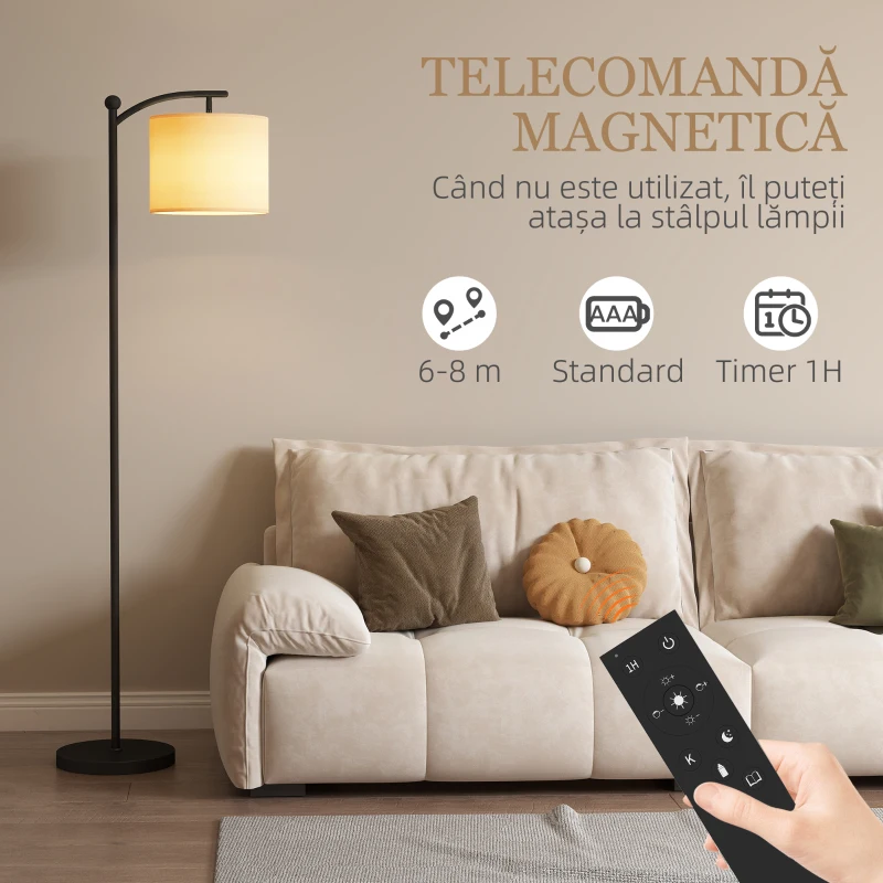 HOMCOM Lampă de Podea LED Dimmerabilă cu Telecomandă, 11 Nuanțe de Temperatură și 11 Niveluri de Luminozitate, Temporizator 60 Minute, Negru